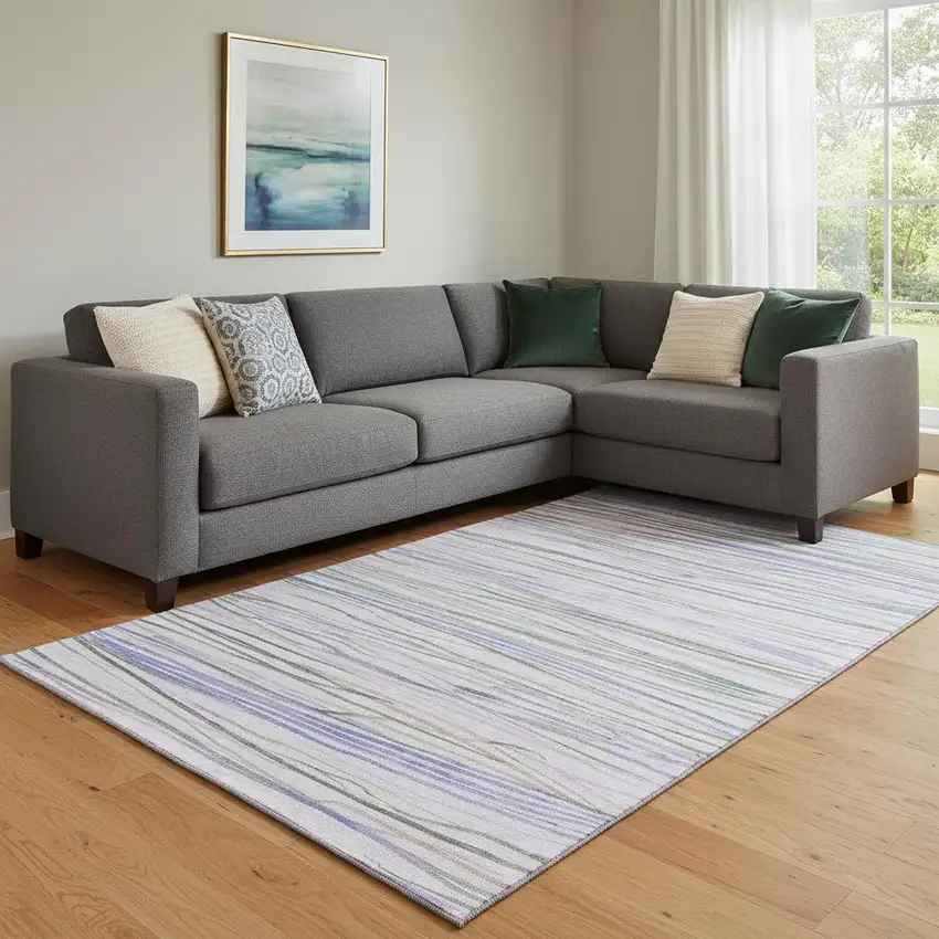 8' Lavender Ivory And Green Striped Washable Area Rug With UV Protection Photo 2