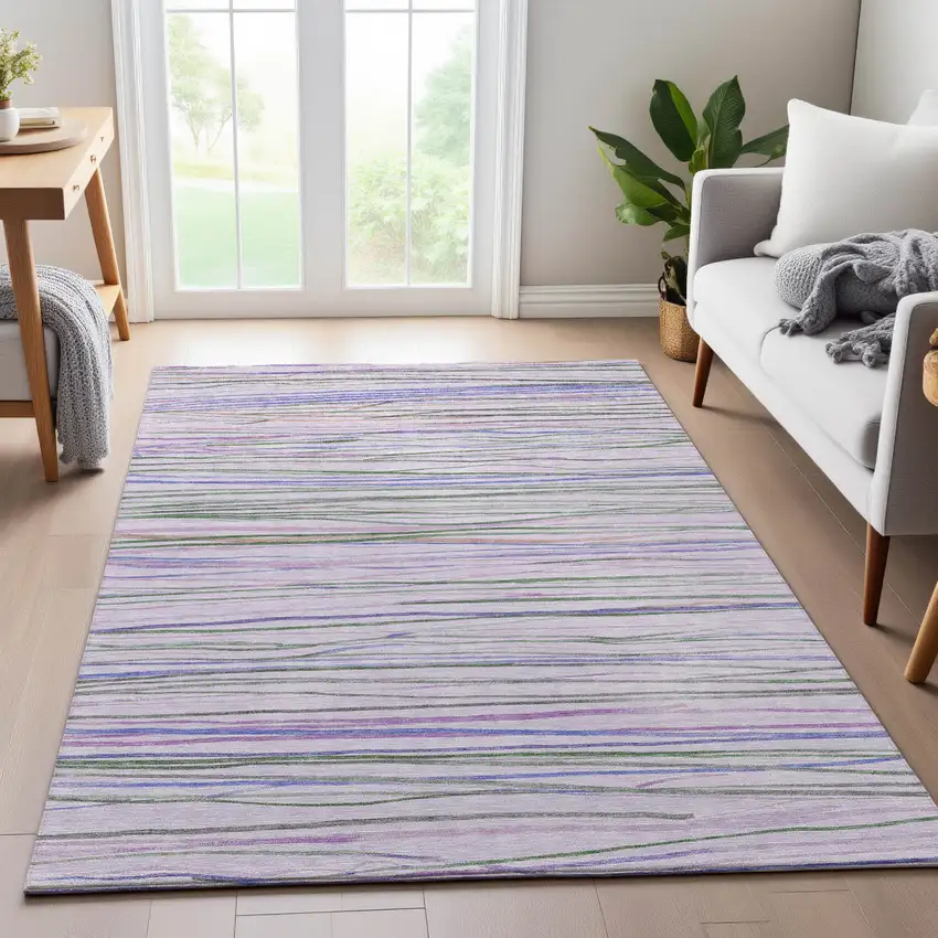 8' Lavender Ivory And Green Striped Washable Area Rug With UV Protection Photo 5