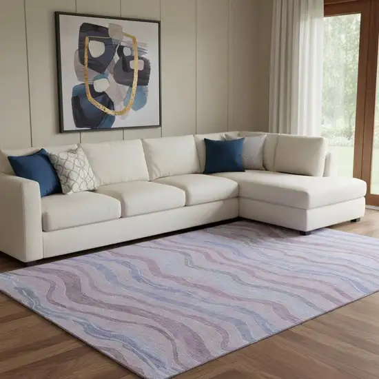 8' Lavender Ivory And Lilac Striped Washable Area Rug With UV Protection Photo 2