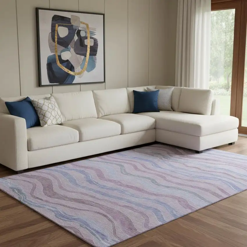 8' Lavender Ivory And Lilac Striped Washable Area Rug With UV Protection Photo 2