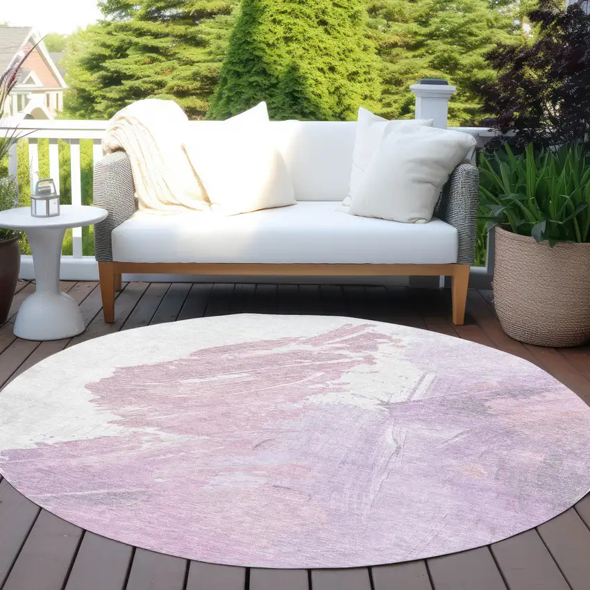 8' Lavender Ivory And Mauve Round Abstract Washable Indoor Outdoor Area Rug Photo 5