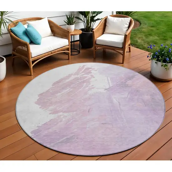 8' Lavender Ivory And Mauve Round Abstract Washable Indoor Outdoor Area Rug Photo 2