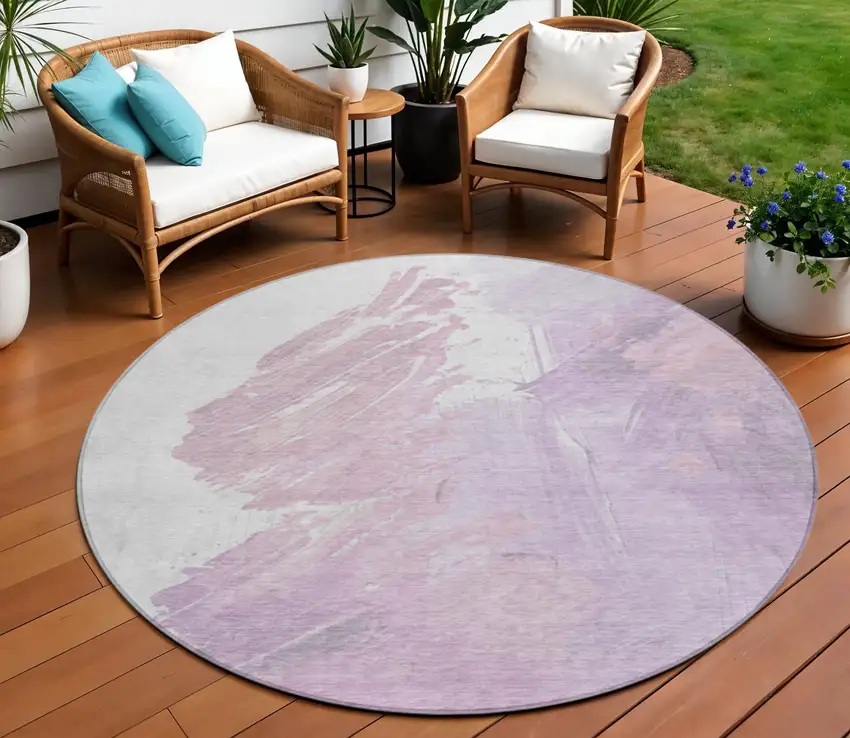 8' Lavender Ivory And Mauve Round Abstract Washable Indoor Outdoor Area Rug Photo 2