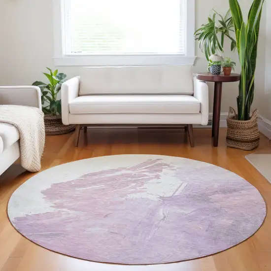 8' Lavender Ivory And Mauve Round Abstract Washable Indoor Outdoor Area Rug Photo 6