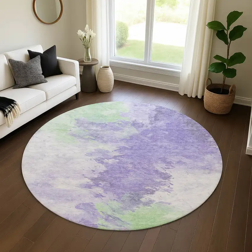 8' Lavender Ivory And Mint Green Abstract Washable Round Rug With UV Protection Photo 4
