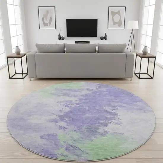 8' Lavender Ivory And Mint Green Abstract Washable Round Rug With UV Protection Photo 2