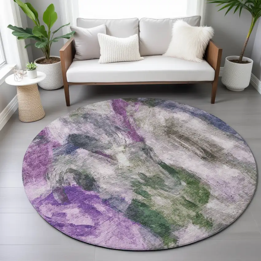 8' Lavender Ivory And Olive Green Round Abstract Washable Indoor Outdoor Area Rug Photo 9