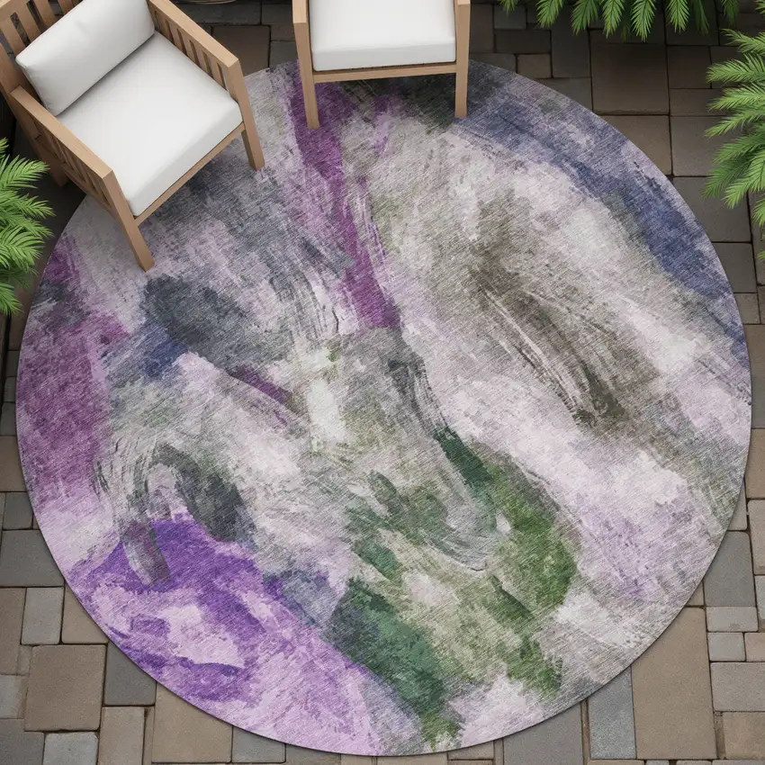 8' Lavender Ivory And Olive Green Round Abstract Washable Indoor Outdoor Area Rug Photo 8