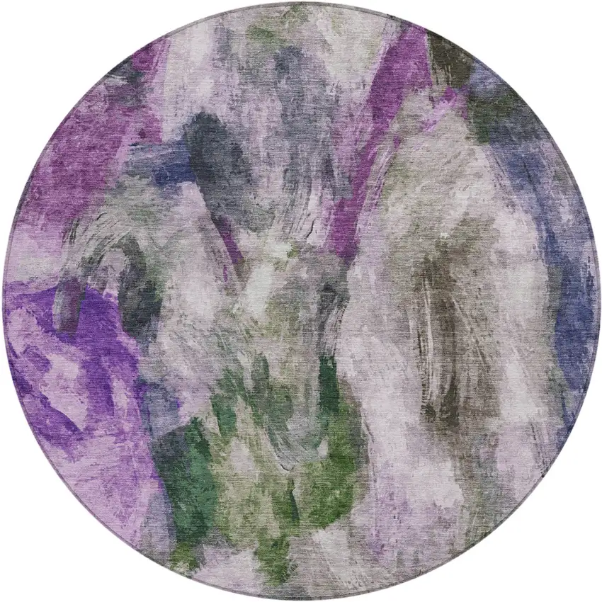8' Lavender Ivory And Olive Green Round Abstract Washable Indoor Outdoor Area Rug Photo 1