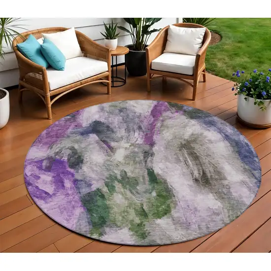 8' Lavender Ivory And Olive Green Round Abstract Washable Indoor Outdoor Area Rug Photo 2