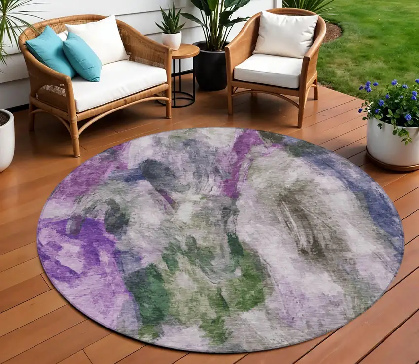 8' Lavender Ivory And Olive Green Round Abstract Washable Indoor Outdoor Area Rug Photo 2
