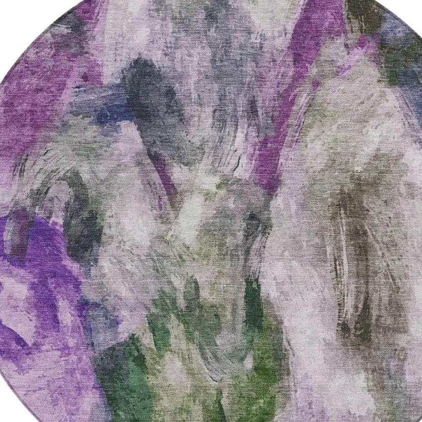 8' Lavender Ivory And Olive Green Round Abstract Washable Indoor Outdoor Area Rug Photo 5