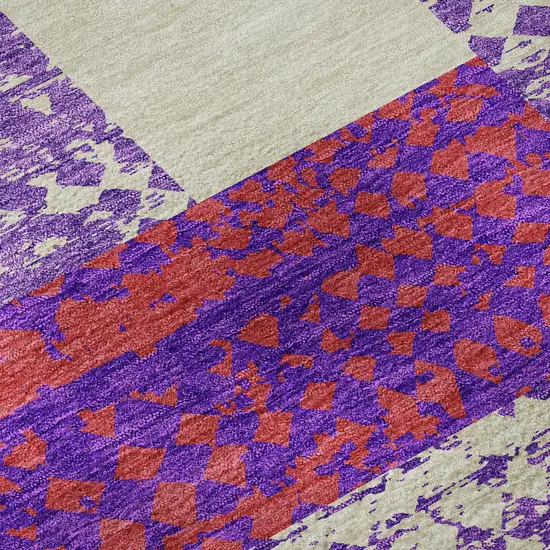 8' Lavender Ivory And Orange Geometric Washable Round Rug With UV Protection Photo 7