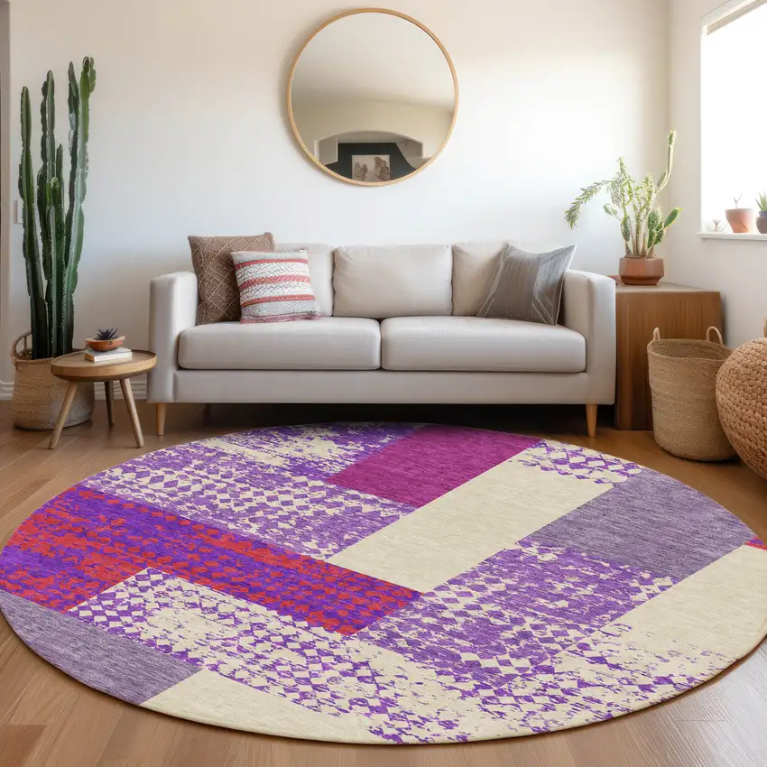 8' Lavender Ivory And Orange Geometric Washable Round Rug With UV Protection Photo 3