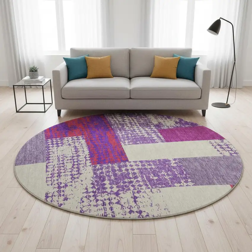 8' Lavender Ivory And Orange Geometric Washable Round Rug With UV Protection Photo 2