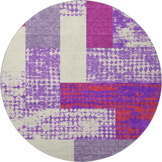8' Lavender Ivory And Orange Geometric Washable Round Rug With UV Protection Photo 2