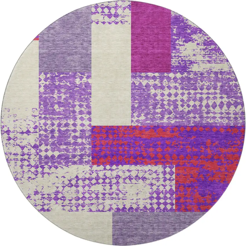 8' Lavender Ivory And Orange Geometric Washable Round Rug With UV Protection Photo 2
