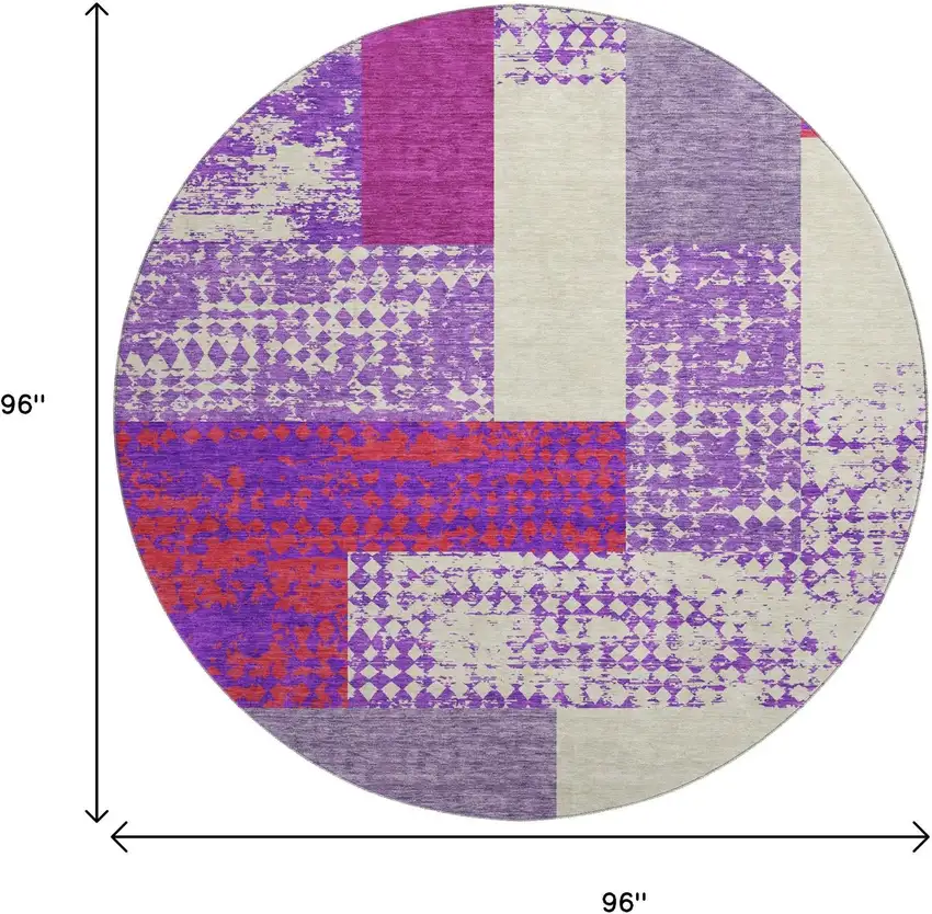 8' Lavender Ivory And Orange Geometric Washable Round Rug With UV Protection Photo 8