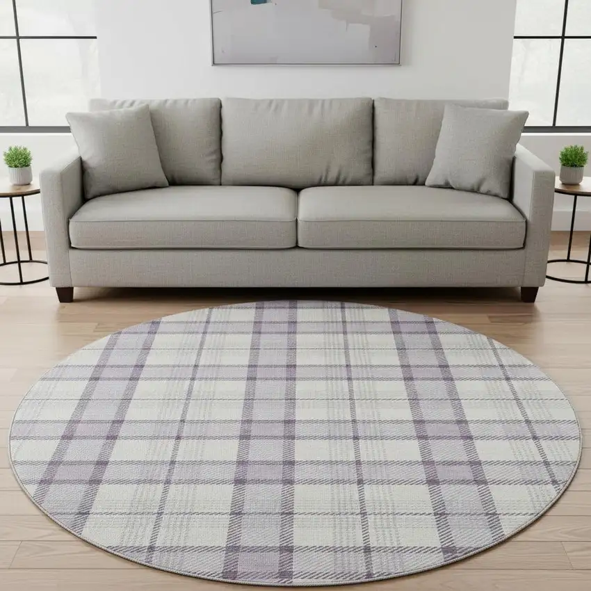 8' Lavender Ivory And Purple Plaid Washable Round Rug With UV Protection Photo 2