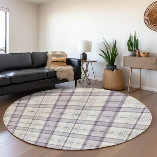 8' Lavender Ivory And Purple Plaid Washable Round Rug With UV Protection Photo 3