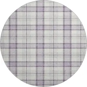 Photo of 8' Lavender Ivory And Purple Plaid Washable Round Rug With UV Protection