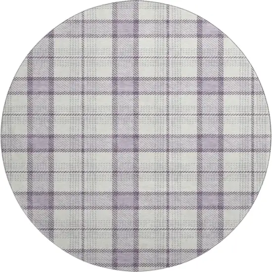 8' Lavender Ivory And Purple Plaid Washable Round Rug With UV Protection Photo 1