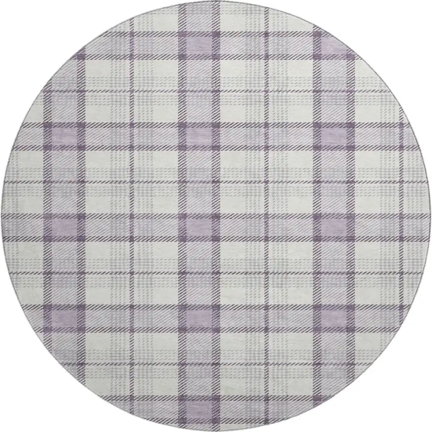 8' Lavender Ivory And Purple Plaid Washable Round Rug With UV Protection Photo 1