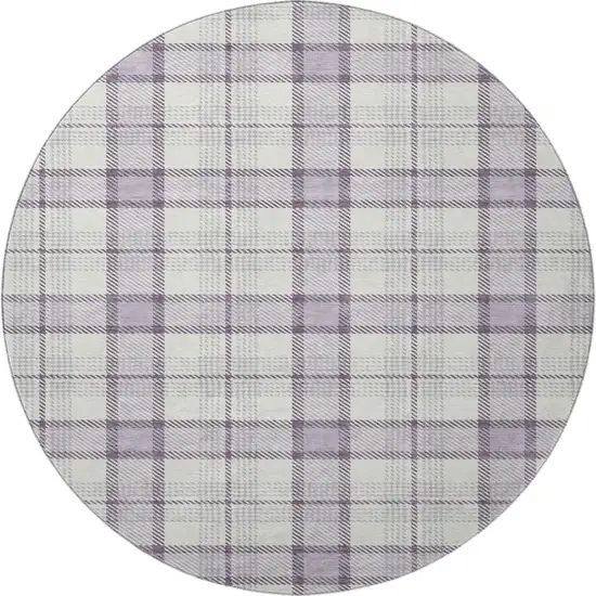 8' Lavender Ivory And Purple Plaid Washable Round Rug With UV Protection Photo 2