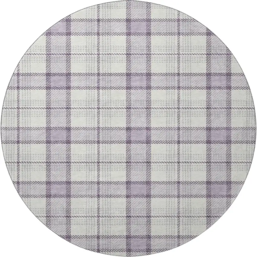 8' Lavender Ivory And Purple Plaid Washable Round Rug With UV Protection Photo 2