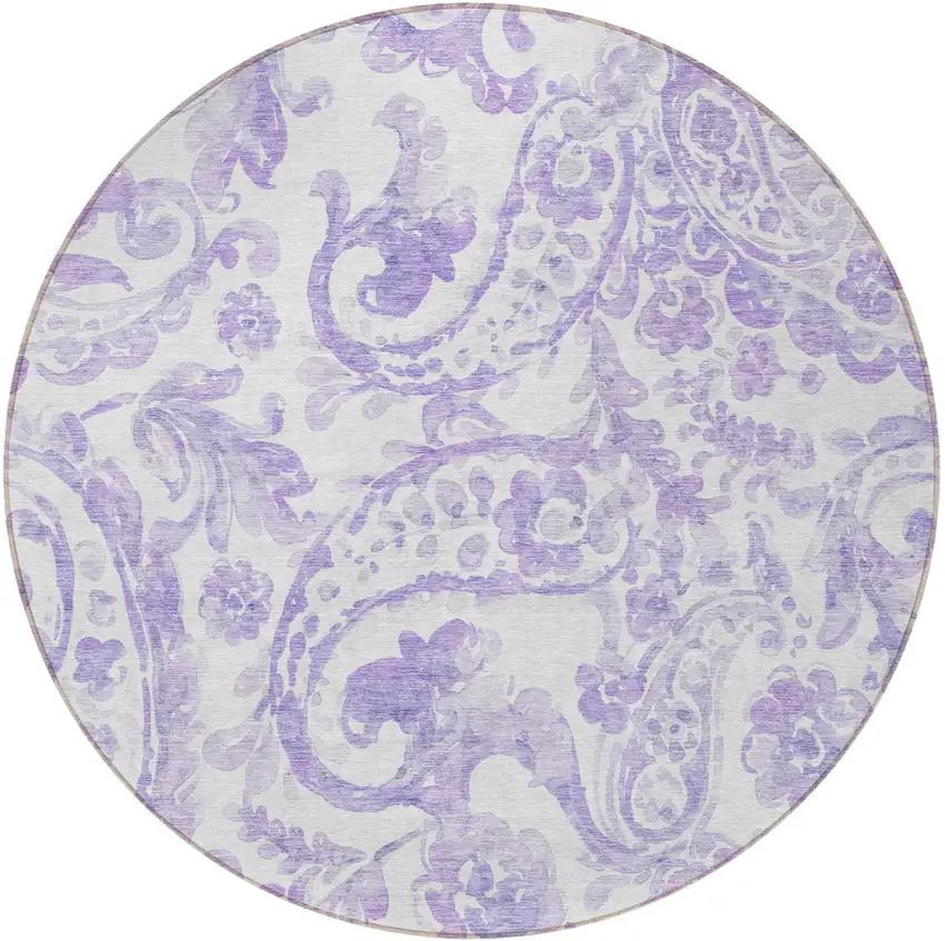 8' Lavender Ivory And Purple Round Paisley Washable Indoor Outdoor Area Rug Photo 4