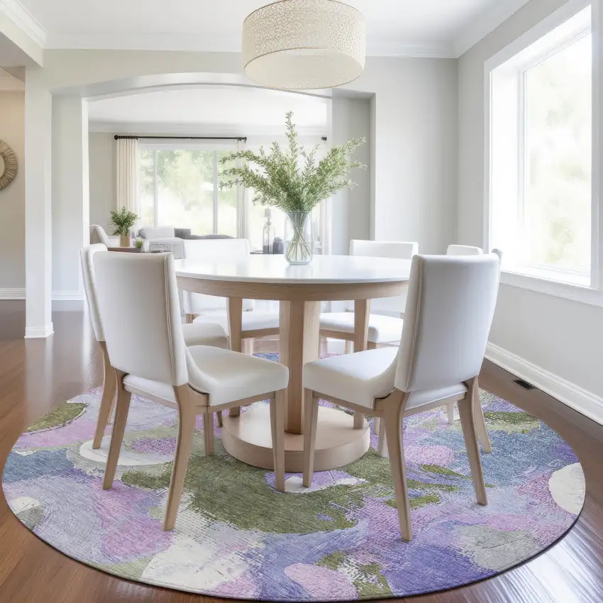 8' Lavender Ivory And Sage Round Abstract Washable Indoor Outdoor Area Rug Photo 6