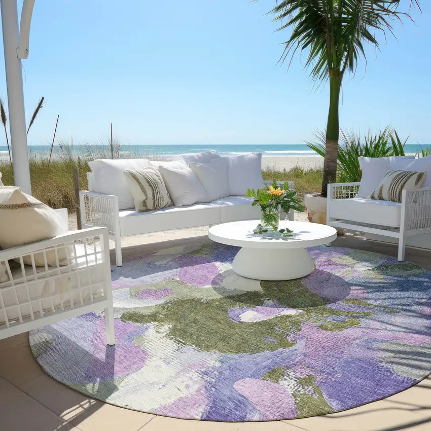 8' Lavender Ivory And Sage Round Abstract Washable Indoor Outdoor Area Rug Photo 5