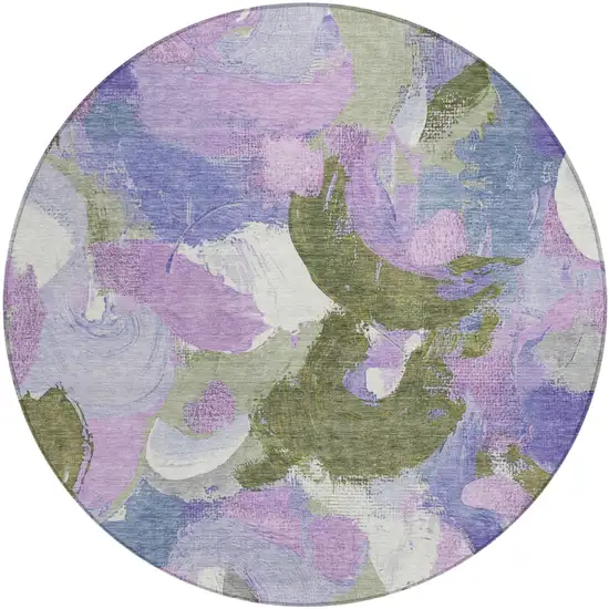 8' Lavender Ivory And Sage Round Abstract Washable Indoor Outdoor Area Rug Photo 1