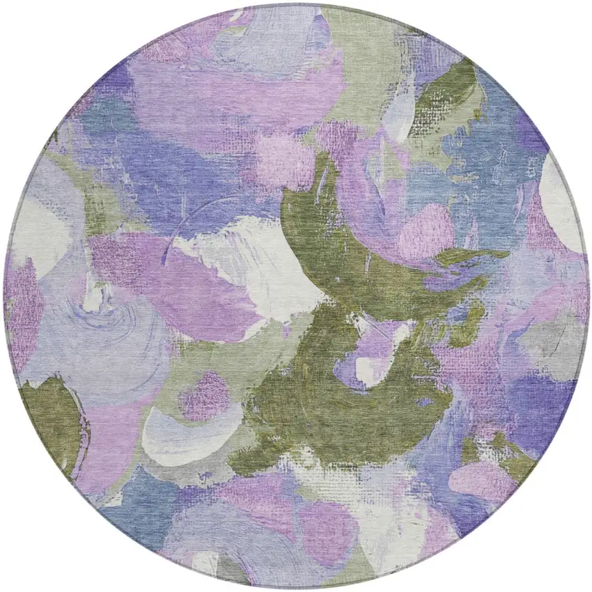 8' Lavender Ivory And Sage Round Abstract Washable Indoor Outdoor Area Rug Photo 1