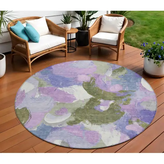 8' Lavender Ivory And Sage Round Abstract Washable Indoor Outdoor Area Rug Photo 2