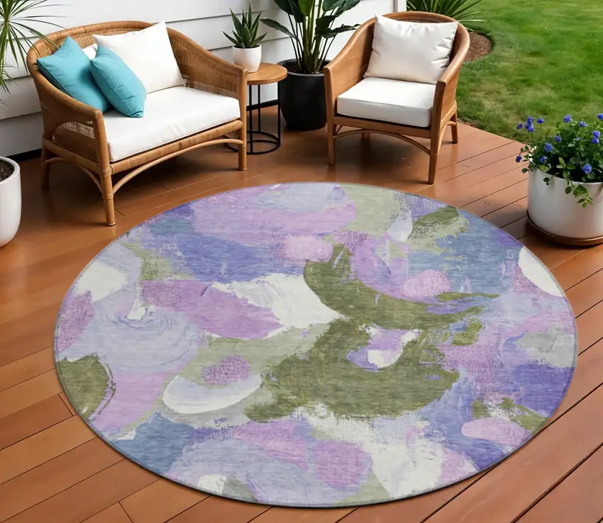 8' Lavender Ivory And Sage Round Abstract Washable Indoor Outdoor Area Rug Photo 2