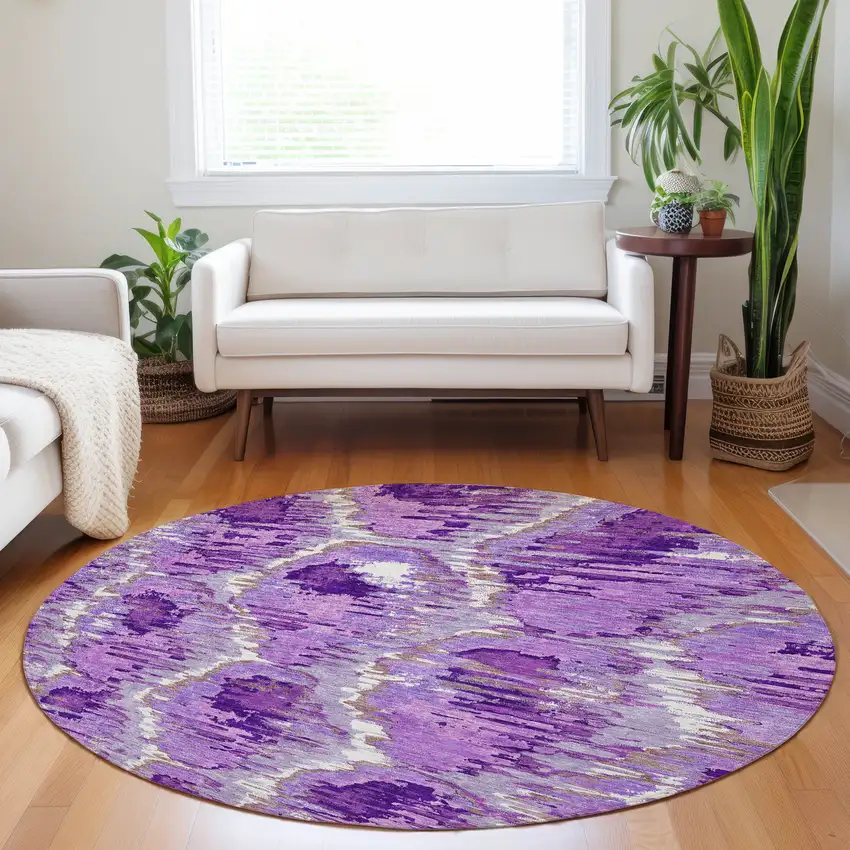 8' Lavender Ivory And Taupe Diamond Washable Round Rug With UV Protection Photo 5