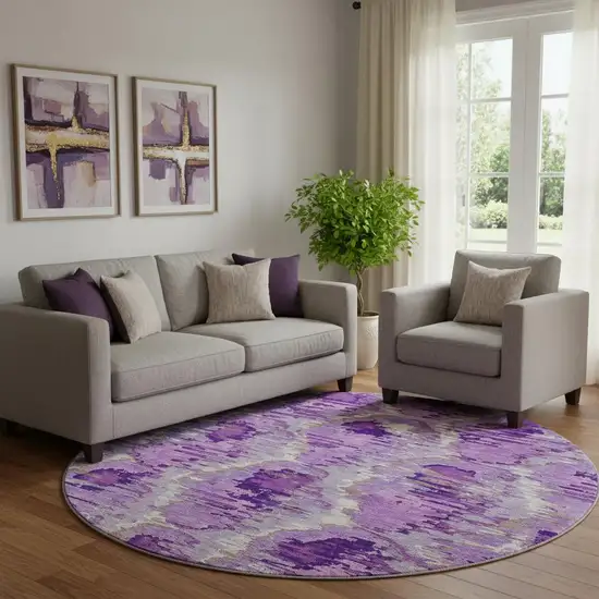 8' Lavender Ivory And Taupe Diamond Washable Round Rug With UV Protection Photo 1