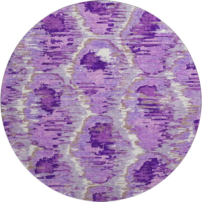 8' Lavender Ivory And Taupe Diamond Washable Round Rug With UV Protection Photo 1