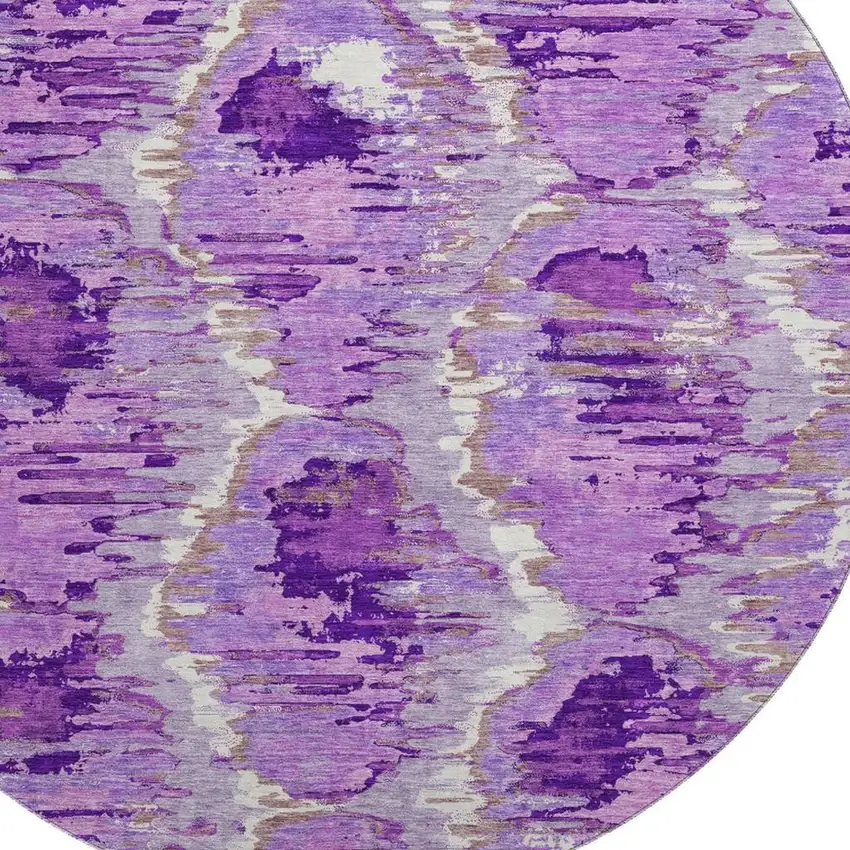 8' Lavender Ivory And Taupe Diamond Washable Round Rug With UV Protection Photo 3