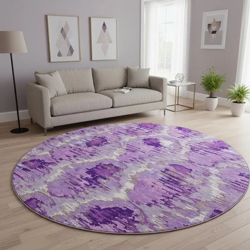 8' Lavender Ivory And Taupe Diamond Washable Round Rug With UV Protection Photo 2