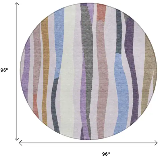 8' Lavender Ivory And Taupe Round Striped Washable Indoor Outdoor Area Rug Photo 8