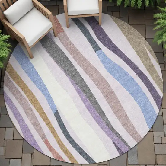 8' Lavender Ivory And Taupe Round Striped Washable Indoor Outdoor Area Rug Photo 6