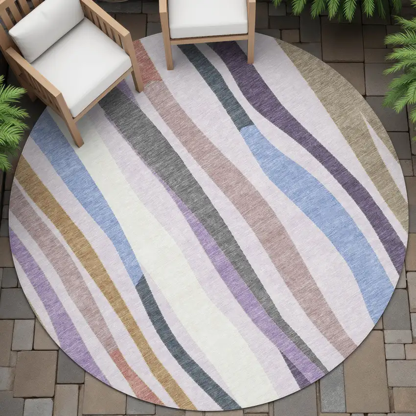 8' Lavender Ivory And Taupe Round Striped Washable Indoor Outdoor Area Rug Photo 6