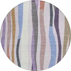 Photo of 8' Lavender Ivory And Taupe Round Striped Washable Indoor Outdoor Area Rug