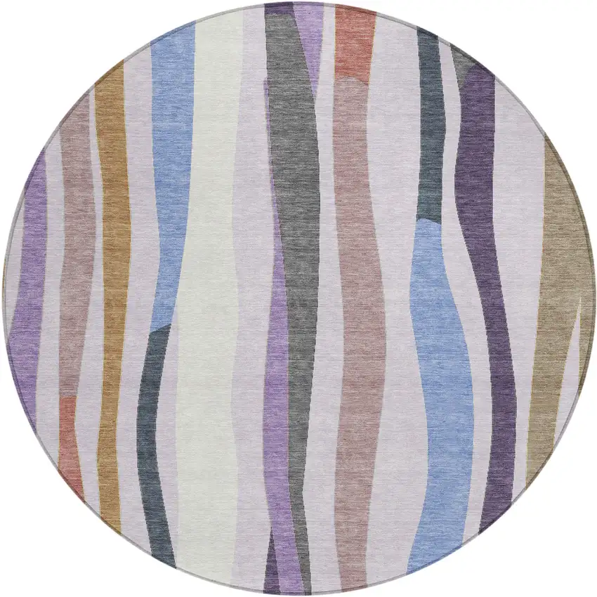 8' Lavender Ivory And Taupe Round Striped Washable Indoor Outdoor Area Rug Photo 1