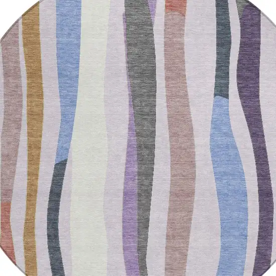 8' Lavender Ivory And Taupe Round Striped Washable Indoor Outdoor Area Rug Photo 5