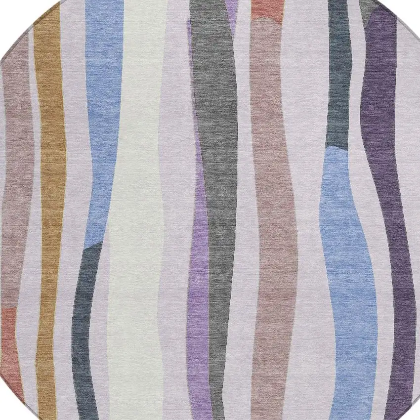 8' Lavender Ivory And Taupe Round Striped Washable Indoor Outdoor Area Rug Photo 5