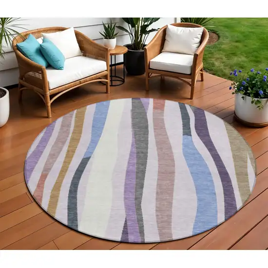 8' Lavender Ivory And Taupe Round Striped Washable Indoor Outdoor Area Rug Photo 2