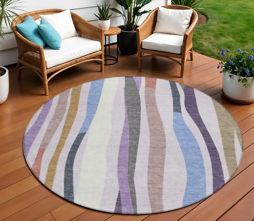 8' Lavender Ivory And Taupe Round Striped Washable Indoor Outdoor Area Rug Photo 2